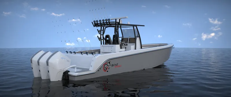 Slide: The Image of 2024 CG Boat Works 34 Tournament fishing boat with triple outboard engines on calm water. - 33