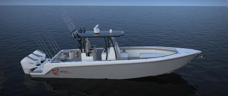 Slide: The Image of 2024 CG Boat Works 34 Tournament fishing boat on calm water. - 34