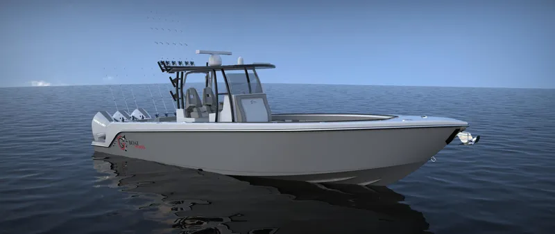 Slide: The Image of 2024 CG Boat Works 34 Tournament fishing boat on calm water. - 35