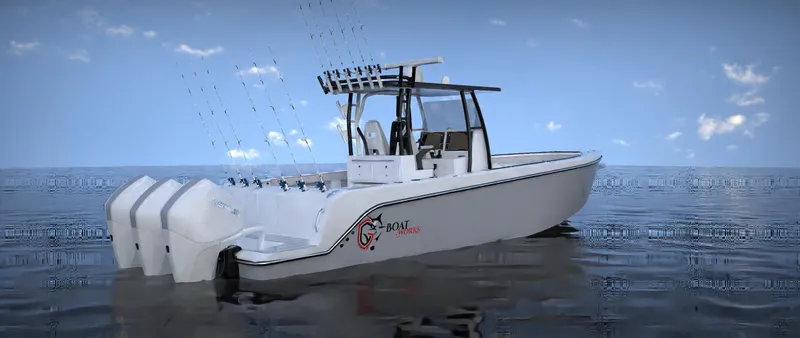 Slide: The Image of 2024 CG Boat Works 34 Tournament fishing boat on calm water. - 36