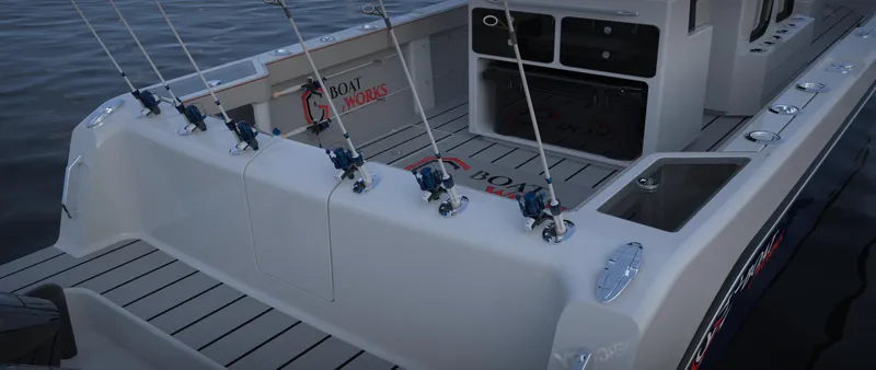 Slide: The Image of 2024 CG Boat Works 34 Tournament fishing boat with multiple rod holders. - 37