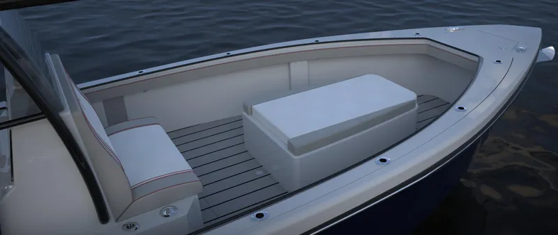 Slide: The Image of 2024 CG Boat Works 34 Tournament, spacious deck with seating, on calm water. - 38