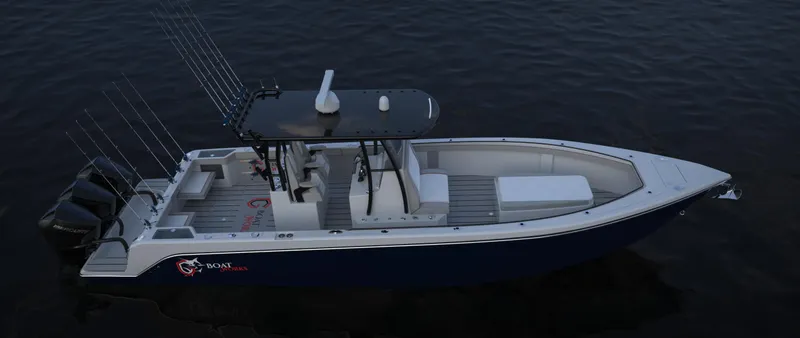 Slide: The Image of 2024 CG Boat Works 34 Tournament fishing boat on water. - 39