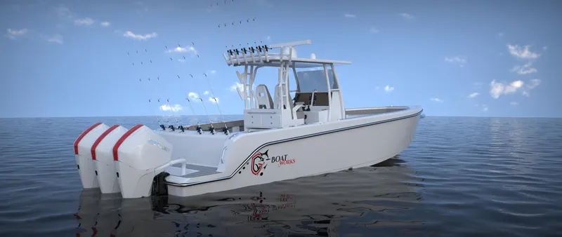 Slide: The Image of 2024 CG Boat Works 34 Tournament fishing boat with triple outboard engines on calm water. - 4