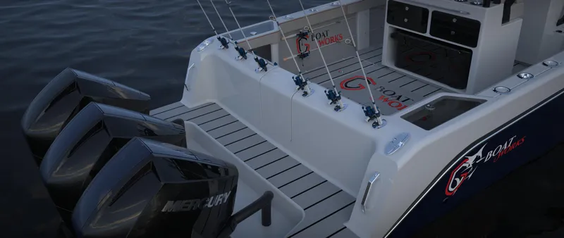 Slide: The Image of 2024 CG Boat Works 34 Tournament fishing boat with triple Mercury engines. - 40