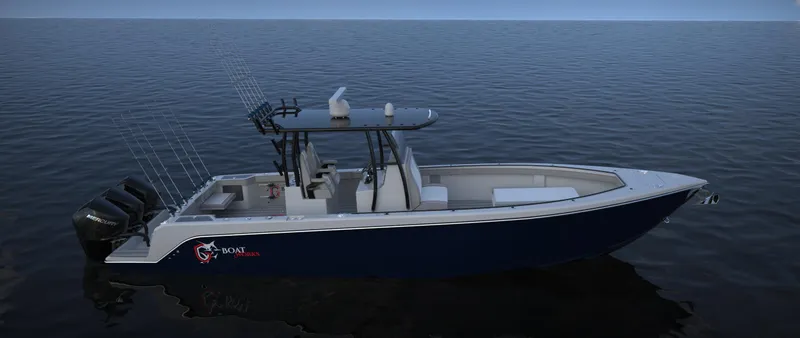 Slide: The Image of 2024 CG Boat Works 34 Tournament fishing boat on calm water. - 41