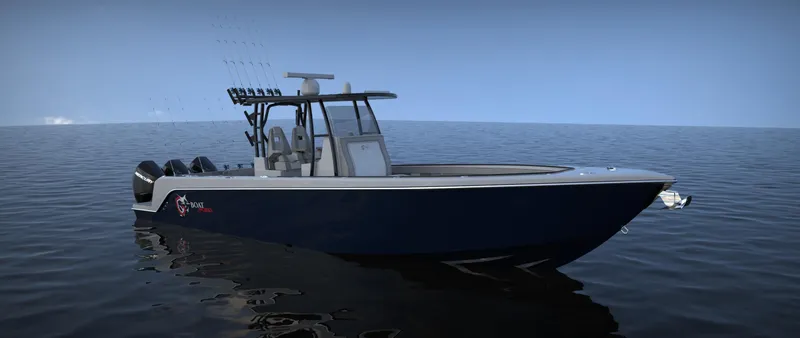 Slide: The Image of 2024 CG Boat Works 34 Tournament fishing boat on calm water. - 42