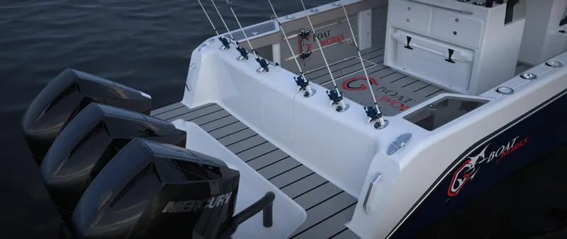 Slide: The Image of 2024 CG Boat Works 34 Tournament fishing boat with triple Mercury engines. - 47