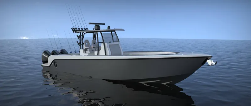 Slide: The Image of 2025 CG Boat Works 34 Tournament fishing boat on calm water, featuring multiple fishing rods. - 5