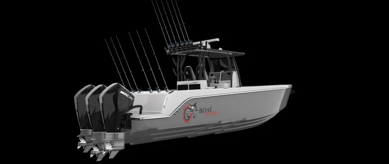 Slide: The Image of 2024 CG Boat Works 34 Tournament fishing boat with multiple outboard engines. - 6
