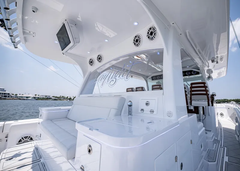Slide: The Image of Luxurious 2021 HCB Estrella yacht interior with white seating and modern amenities. - 16