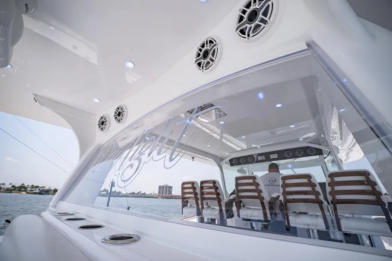Slide: The Image of Interior view of 2021 HCB Estrella boat with modern seating and audio system. - 18