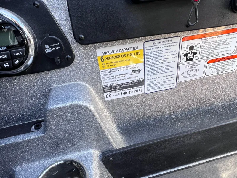Slide: The Image of 2024 Nitro ZV20 boat dashboard with capacity and safety labels. - 8