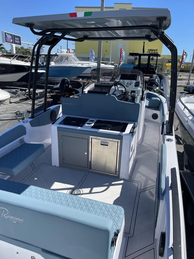 Slide: The Image of 2024 Ranieri 275 SL motorboat cruising on clear blue water. - 25