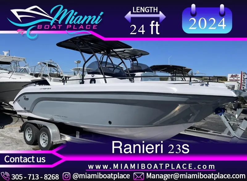 Slide: The Image of 2024 Ranieri 23S boat, 24 ft length, displayed at Miami Boat Place. Contact info included. - 0
