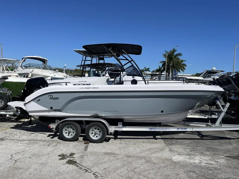 Slide: The Image of 2024 Ranieri 23S boat on a trailer in a marina. - 2
