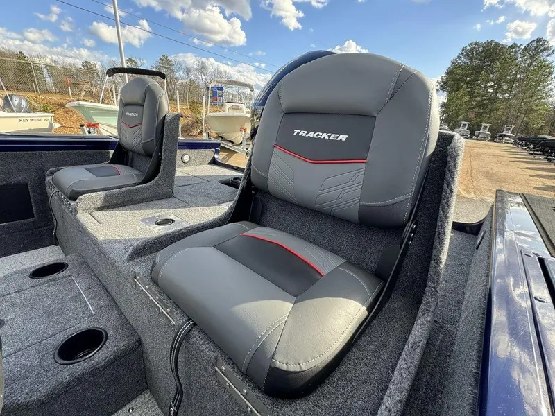 Slide: The Image of 2024 Tracker Targa™ V-18 Combo boat seats with gray and black upholstery. - 28