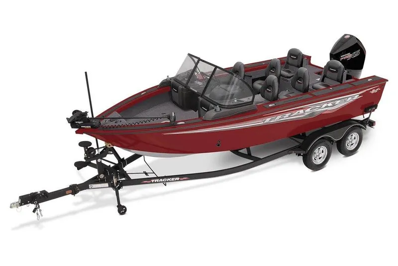 Slide: The Image of 2024 Tracker Targa™ V-18 Combo fishing boat, red, on a trailer. - 30