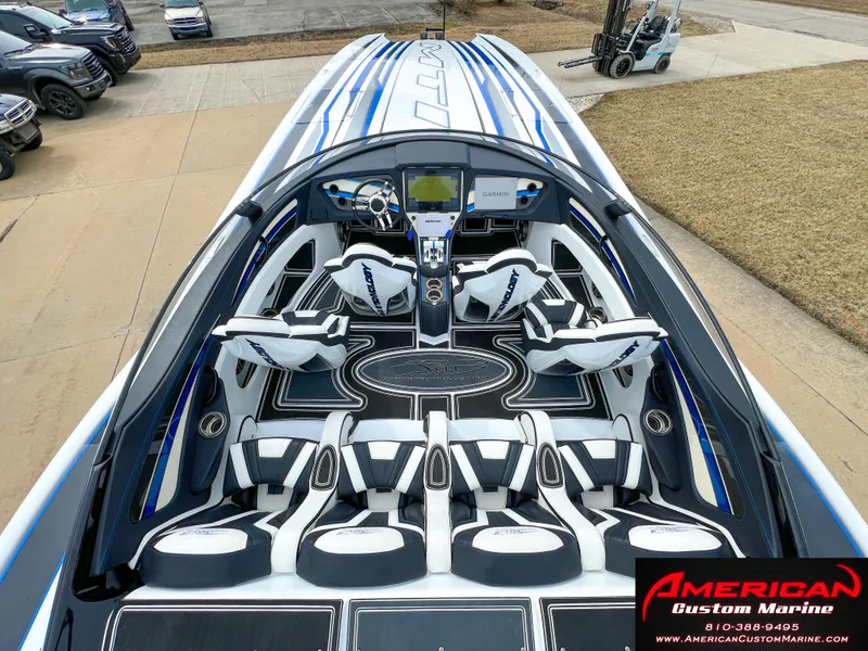 Slide: The Image of Interior view of a 2022 MTI 390X boat, luxurious design. - 33