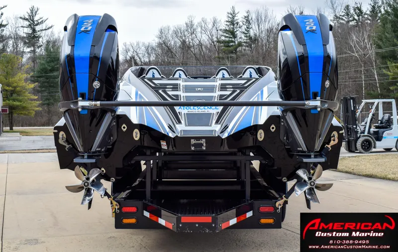 Slide: The Image of MTI 390X 2022 boat with powerful engines on trailer. - 4