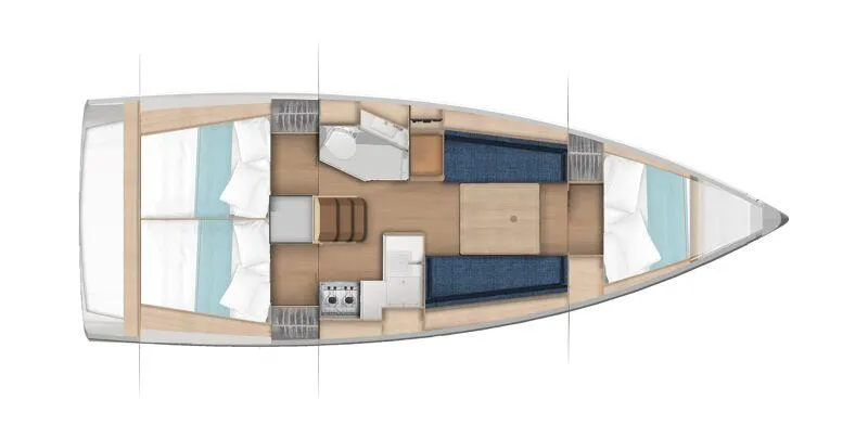 Slide: The Image of 2025 Jeanneau Sun Odyssey 350 interior layout with cabins, kitchen, and seating area. - 3