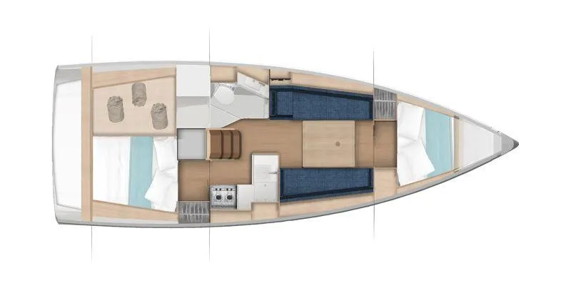 Slide: The Image of 2025 Jeanneau Sun Odyssey 350 interior layout with cabins, kitchen, and seating area. - 4