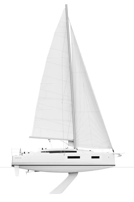Slide: The Image of 2025 Jeanneau Sun Odyssey 350 sailboat, side view, white background. - 5