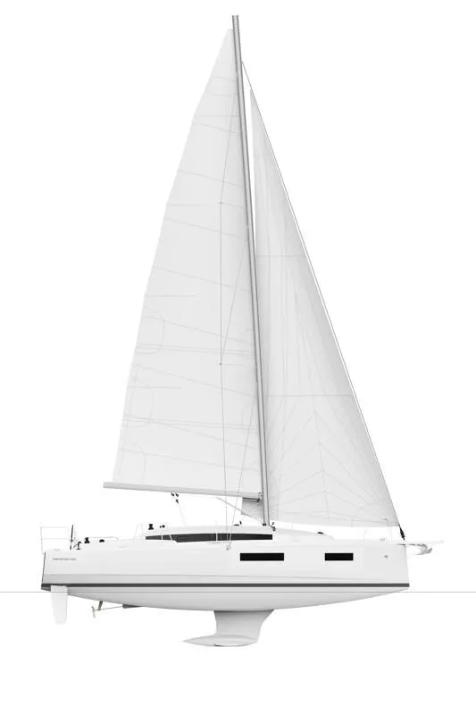 Slide: The Image of 2025 Jeanneau Sun Odyssey 350 sailboat, side view, white background. - 6