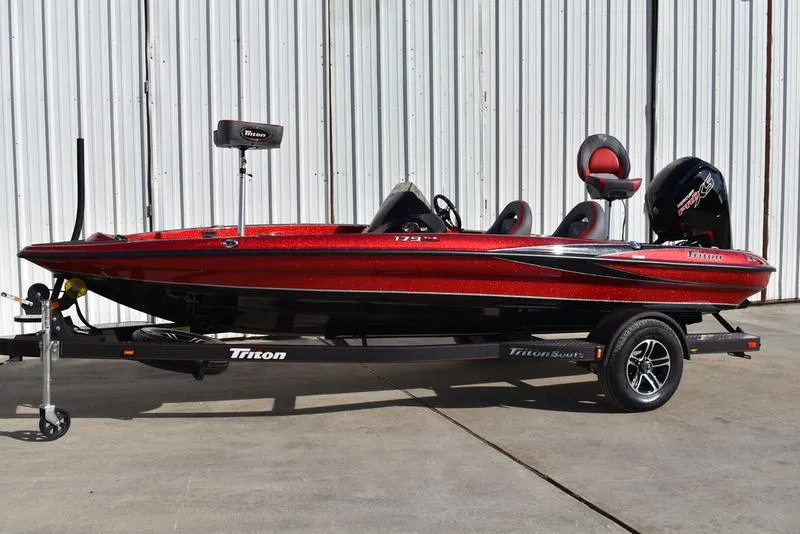 The Image of 2024 Triton 179 TrX bass boat in red on trailer, parked outdoors. - 0