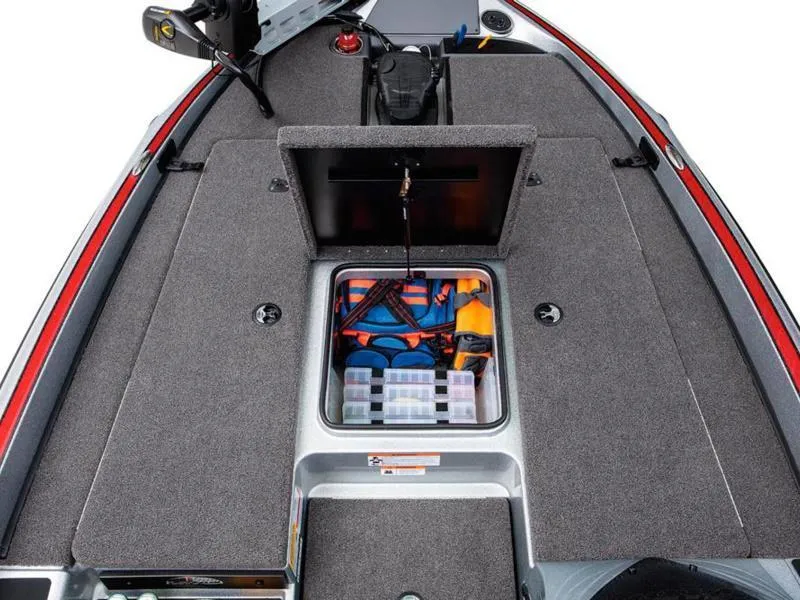 Slide: The Image of 2024 Triton 179 TrX boat interior with open storage compartment and organized gear. - 16