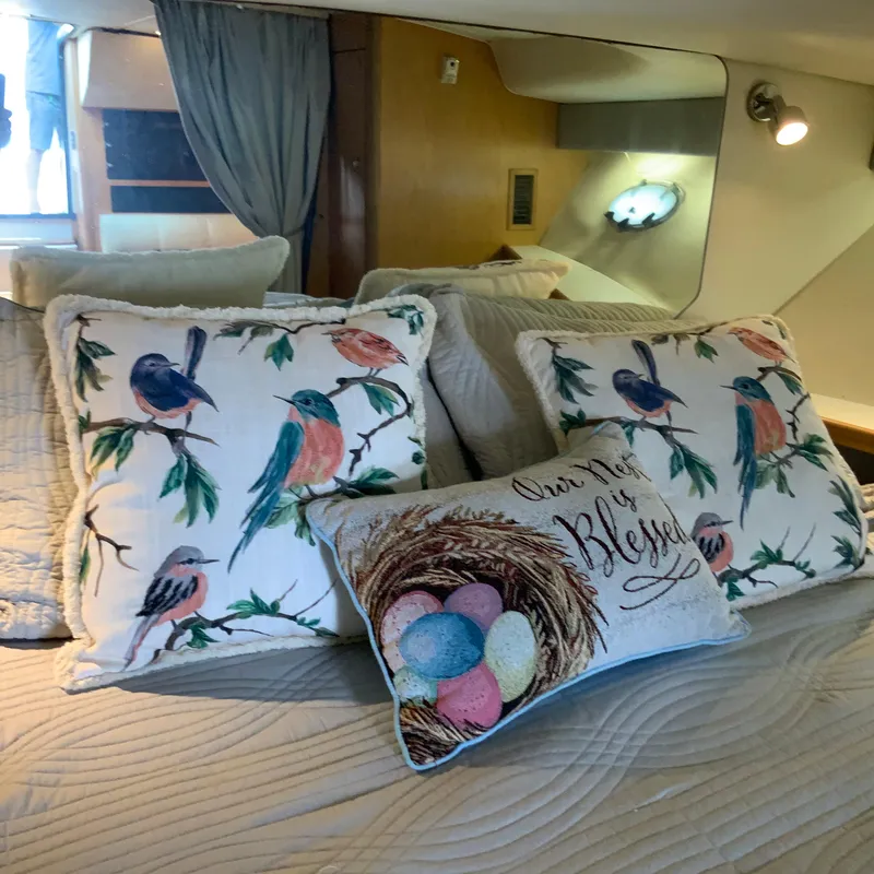 Slide: The Image of Decorative pillows with bird and nest designs on a Tiara Sport 35 Open boat, 2000 model. - 21