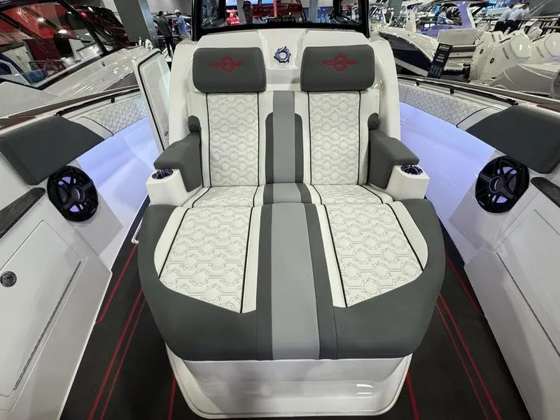 Slide: The Image of 2025 Fountain 43 SCX boat interior with luxurious seating and modern design. - 15