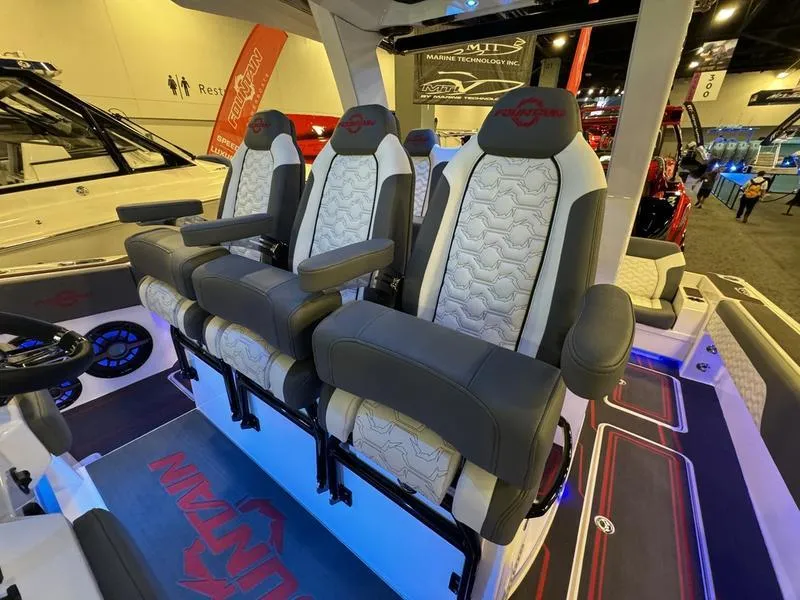 Slide: The Image of 2025 Fountain 43 SCX boat interior with luxury seating and modern design. - 23