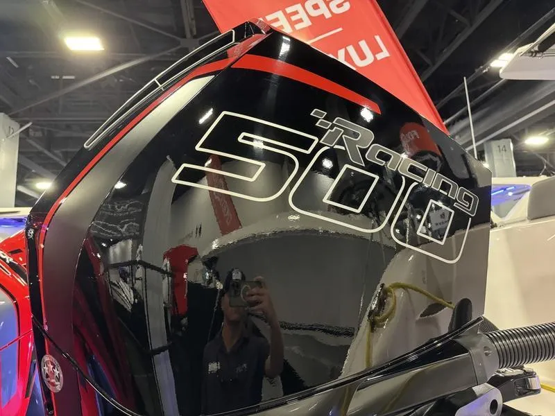 Slide: The Image of Close-up of 2025 Fountain 43 SCX outboard motor with Racing 500 decal. - 24