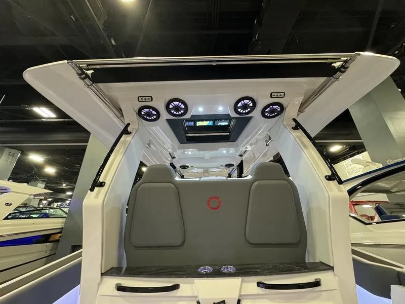Slide: The Image of 2025 Fountain 43 SCX boat interior with modern seating and advanced controls. - 4