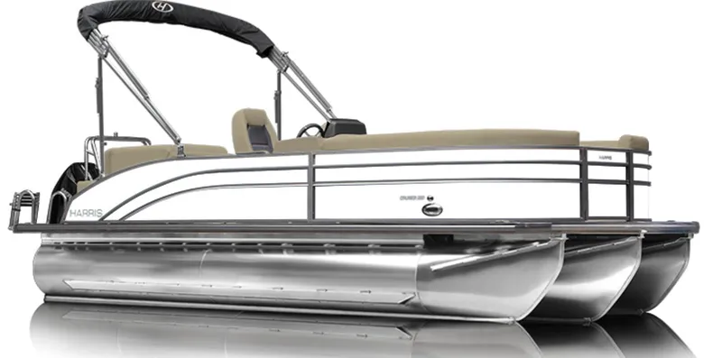 Slide: The Image of 2024 Harris Cruiser 250 pontoon boat with sleek design and modern features. - 1