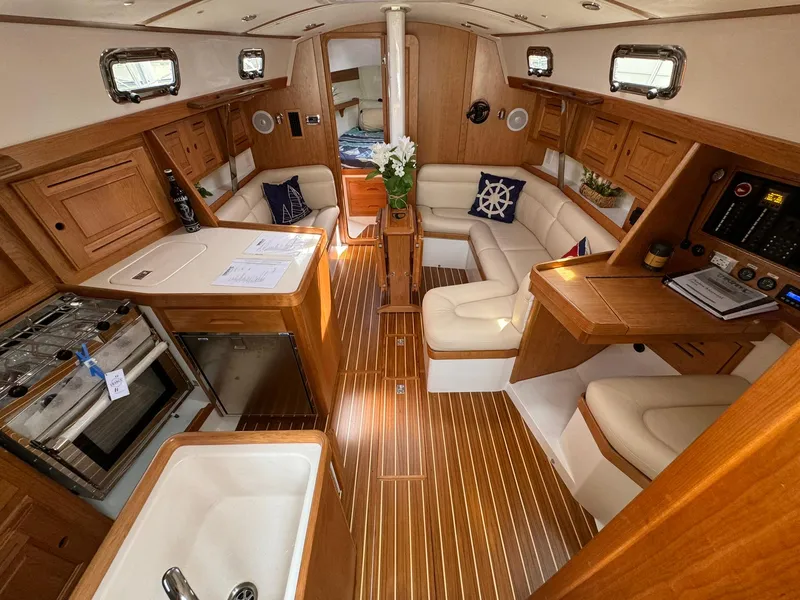 Slide: The Image of Luxurious interior of 2025 Tartan 365 yacht with wood finish and modern amenities. - 12