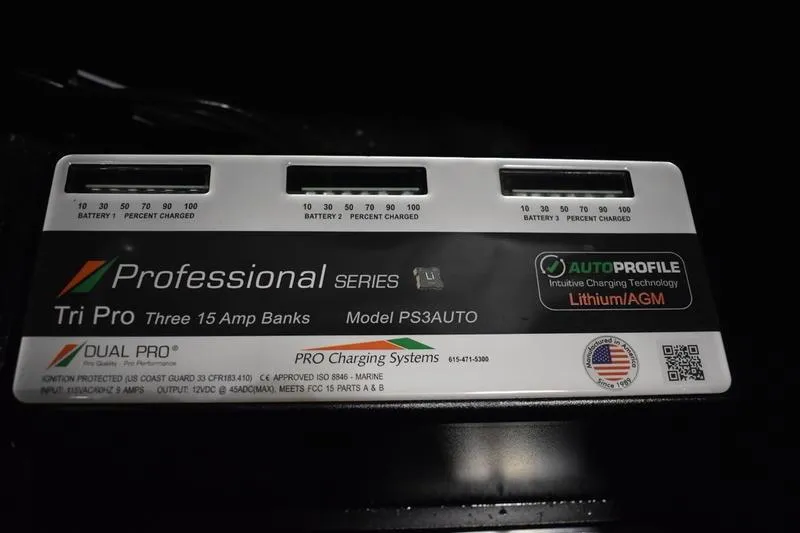 Slide: The Image of Charging system for Triton 186 Allure 2024, featuring Tri Pro 15 Amp banks, model PS3AUTO. - 121