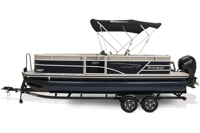 Slide: The Image of 2024 Ranger Reata 220C pontoon boat on a trailer, surrounded by lush green trees. - 6