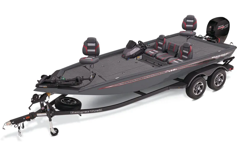 Slide: The Image of 2024 Ranger RT198P fishing boat displayed indoors on a trailer. - 3