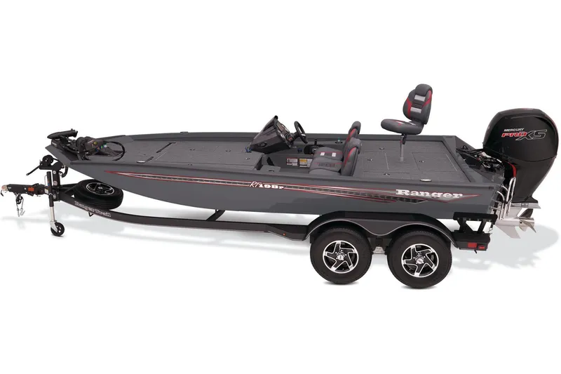 Slide: The Image of 2024 Ranger RT198P fishing boat displayed indoors with seating and equipment. - 9