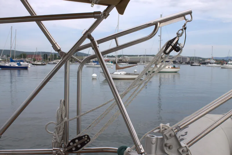 Slide: The Image of 1980 Bristol 35.5 sailboat rigging and marina view. - 20
