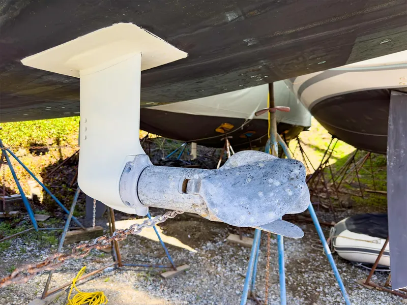Slide: The Image of Hanse 445 2014 sailboat propeller and rudder on dry dock. - 18