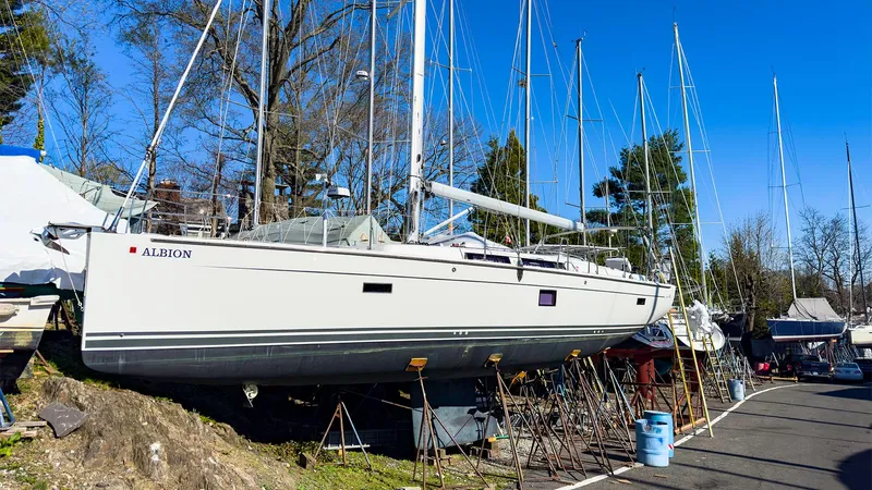 Slide: The Image of 2014 Hanse 445 sailboat on dry dock for maintenance. - 3