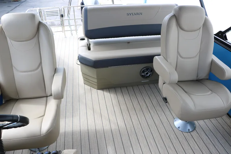 Slide: The Image of Luxurious interior of 2025 Sylvan Mirage X3 CLZ DH pontoon boat with plush seating. - 31