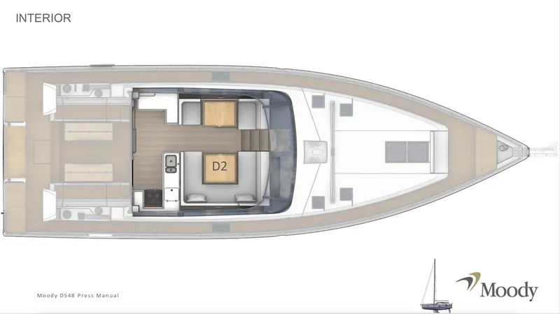 Slide: The Image of 2026 Moody 48 Deck Saloon yacht with people boarding from a small boat, scenic backdrop. - 18