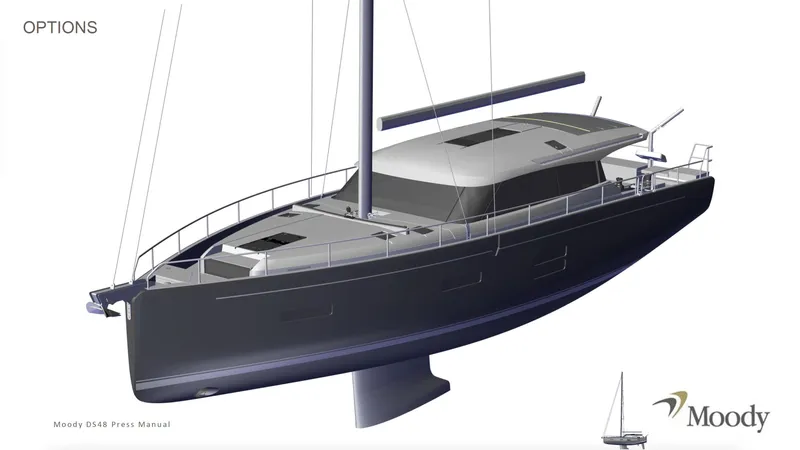 Slide: The Image of Luxurious interior of 2026 Moody 48 Deck Saloon yacht with scenic ocean view. - 24