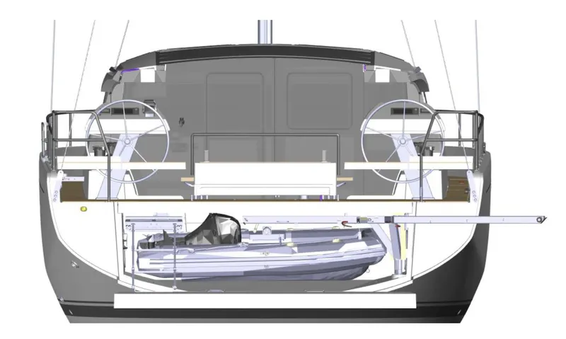 Slide: The Image of Luxurious interior of 2026 Moody 48 Deck Saloon yacht with modern kitchen and scenic ocean view. - 25