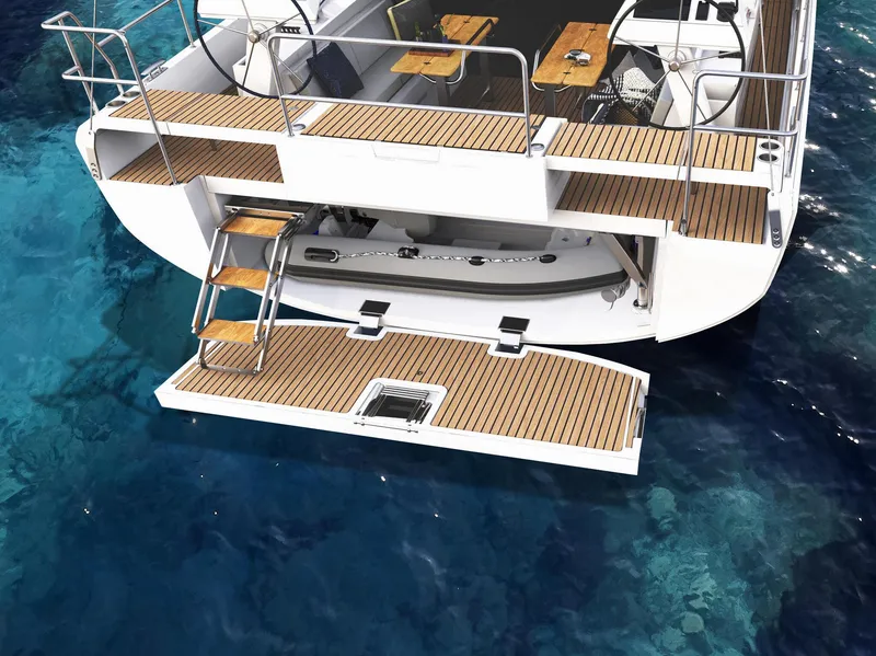 Slide: The Image of Luxurious interior of 2026 Moody 48 Deck Saloon yacht with ocean view. - 3