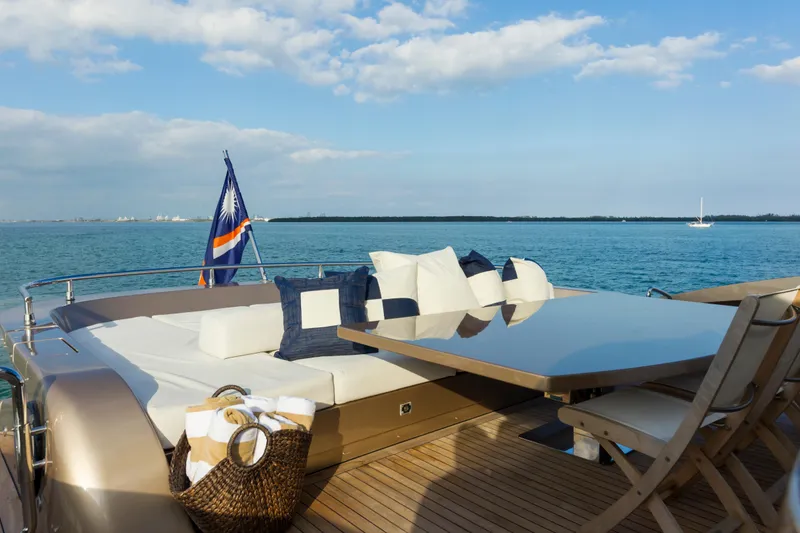 Slide: The Image of Luxurious AB 118 yacht deck with seating, table, and ocean view under a blue sky. - 28
